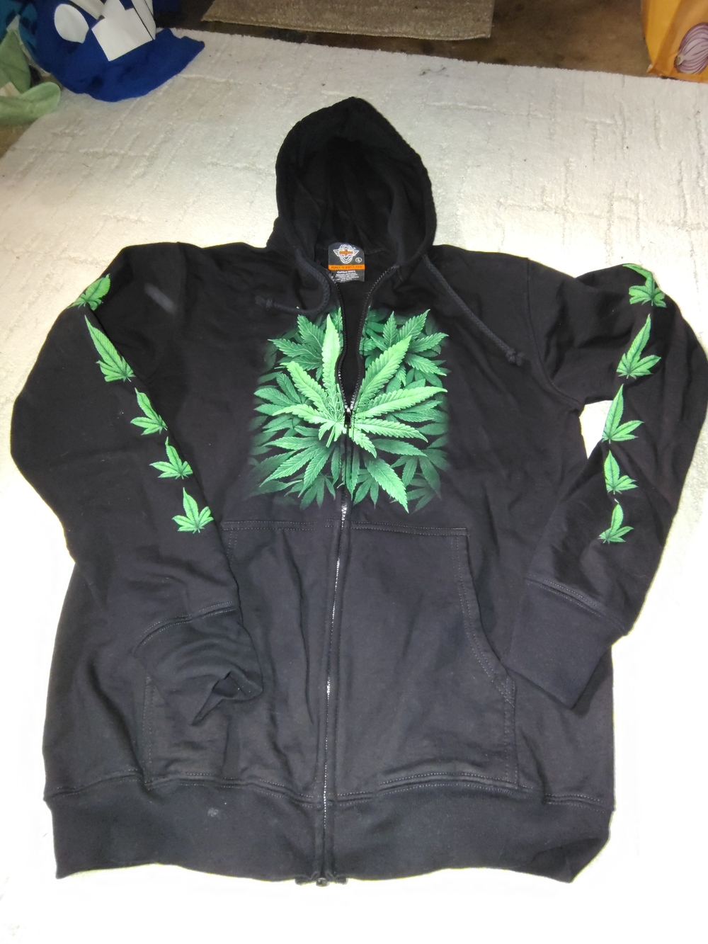 Men's Black Full-Zip Hoodie with Green Leaf Graphic